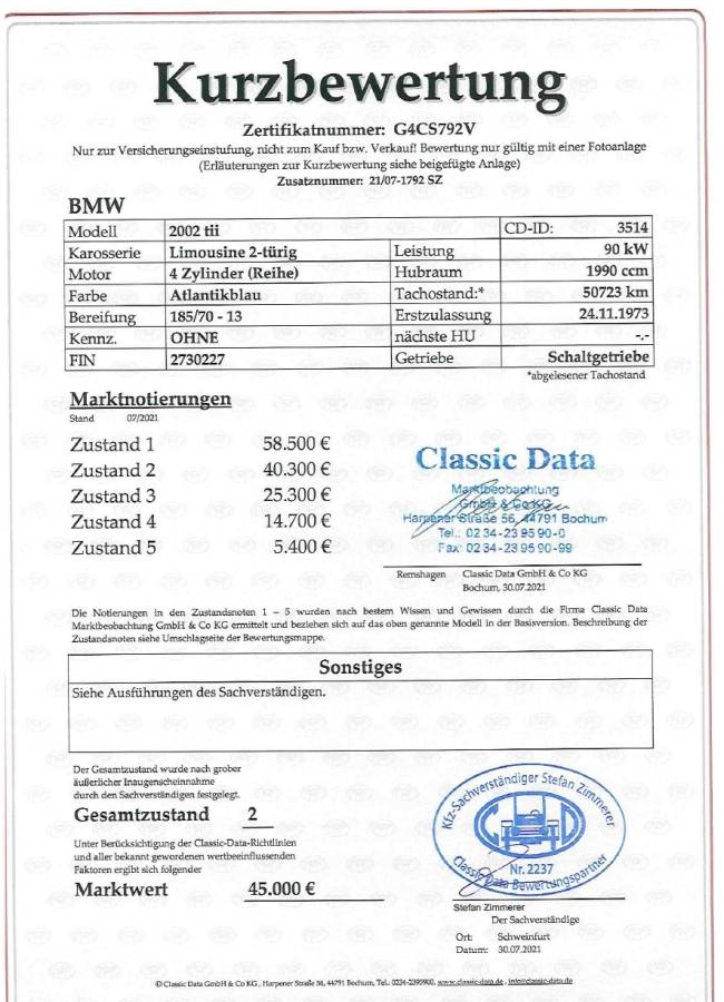 BMW 2002 Tii Innen Original*Wertgutachten Note 2